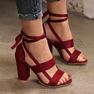 Sexy straps maroon suede heels